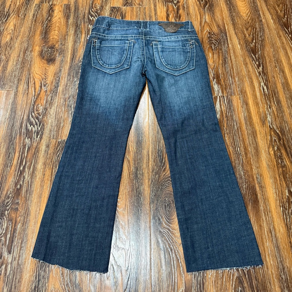 Y2K Freestyle Revolution Dark Blue Boot Cut Raw Hem Low Rise Jeans 32X28 Size 11